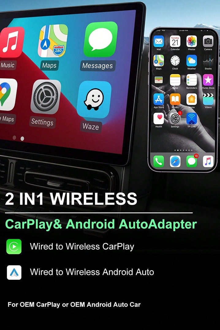مكيف 2 في 1 للاستخدام اللاسلكي لـ CarPlay و Android Auto - مكيف لاسلكي متعدد الاستخدامات لـ iPhone/Android، يحول من سلكي إلى لاسلكي، USB-A/C - Image 2