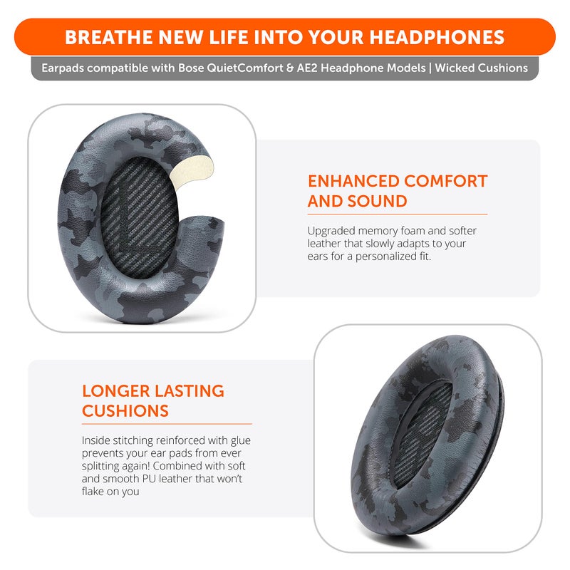 WC Wicked Cushions Upgraded Replacement Ear Pads for Bose QC35 & QC35ii (QuietComfort 35) Headphones & More - Softer Leather, Luxurious Memory Foam, Added Thickness, Extra Durability | Black Camo - Image 4