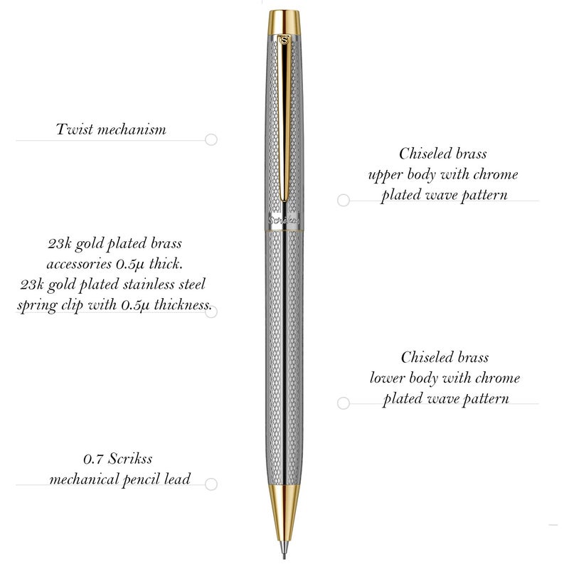 Scrikss 07mm Mechanical Lead Pen Pencil Chrome Plated Brass Body Gold Plated Trims Twist Mechanism Venus 722 Engraved with Wave Cut Pattern Ideal for Gifting - Image 2