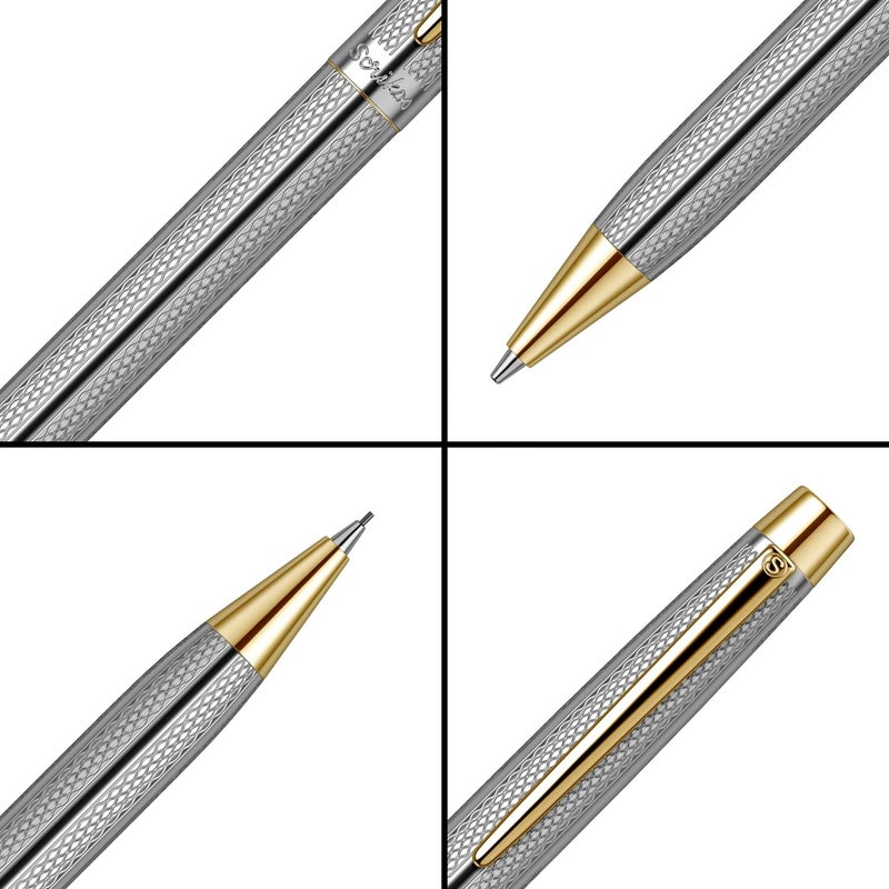 Scrikss 07mm Mechanical Lead Pen Pencil Chrome Plated Brass Body Gold Plated Trims Twist Mechanism Venus 722 Engraved with Wave Cut Pattern Ideal for Gifting - Image 3