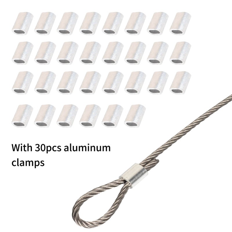304 Stainless Steel Wire Rope Cable with 30pcs Aluminum Clamps Loops 328FT String Light Hanging Cable 7*7 Strand Core 110Mpa Breaking Strength for Outdoor Yard Garden - Image 2