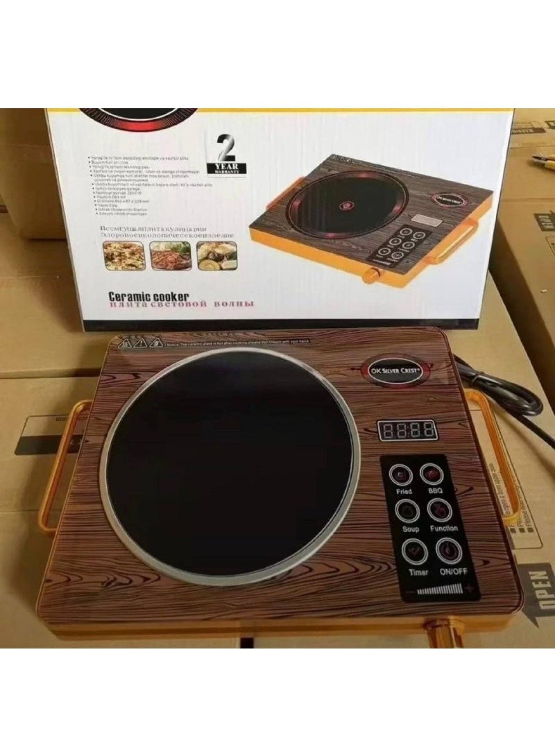 This is an infrared cooker from the brand Eries, model ERS-5030-1.  Here are its key specifications and features:  Power: Operates at a high power output of up to 2200 watts for rapid heating.  Heating Type: Uses infrared technology, making it suitable for use with all types of cookware (unlike induction cookers).  Technical Features: Includes a touch control panel, multiple cooking functions (such as frying and grilling), and a built-in timer. - Image 1