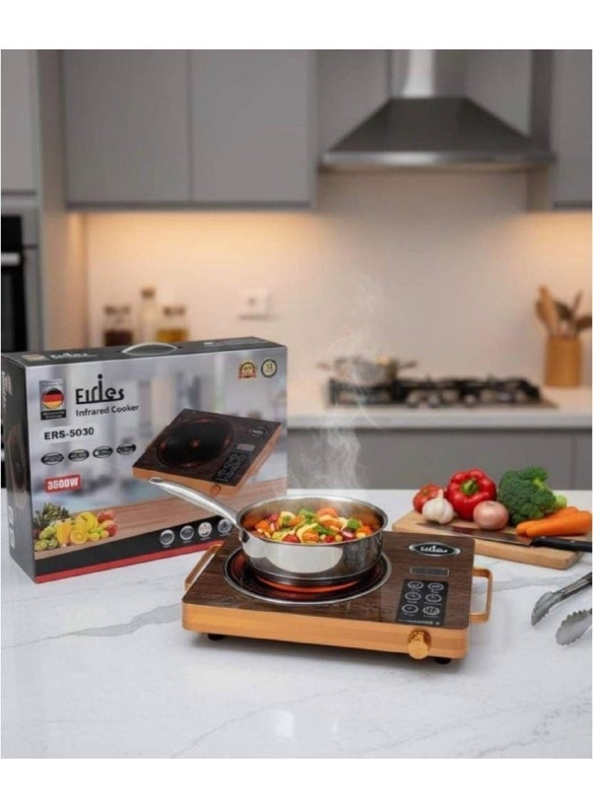 This is an infrared cooker from the brand Eries, model ERS-5030-1.  Here are its key specifications and features:  Power: Operates at a high power output of up to 2200 watts for rapid heating.  Heating Type: Uses infrared technology, making it suitable for use with all types of cookware (unlike induction cookers).  Technical Features: Includes a touch control panel, multiple cooking functions (such as frying and grilling), and a built-in timer. - Image 3