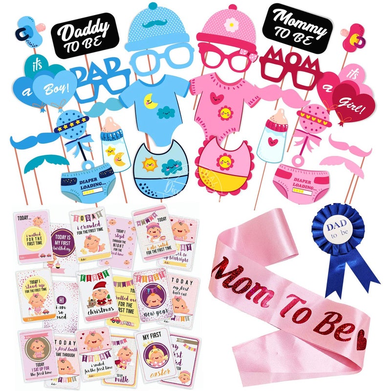 Wobbox Baby Shower Decoration Items| Baby Shower Ceremony Photo Booth Props for Photoshoot, Daddy to Be Badge & Mom to Be Sash with Milestone Card, Godh Bharai Ceremony Decoration Kit-(FP814) - Image 1