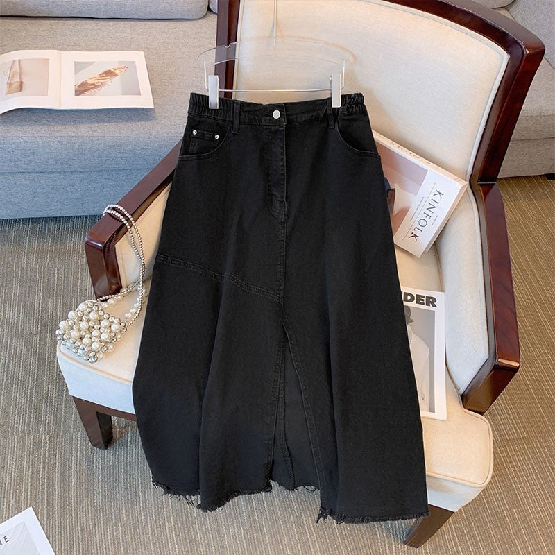 Plus Size Denim Skirt High Waist Side Slit Summer 2024 Black (shipped within 10 days) 