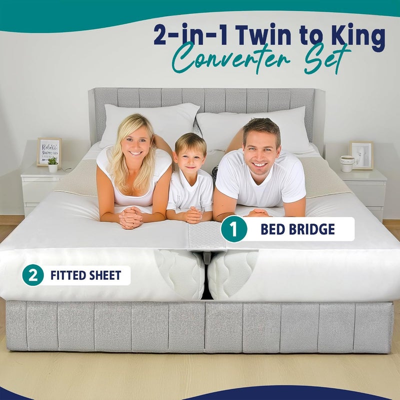 EPHEDORA 2-in-1 Fitted Sheet Attached Bed Bridge Twin (XL) to King Converter Kit | Split King Gap Filler for Adjustable Bed | White - Image 2