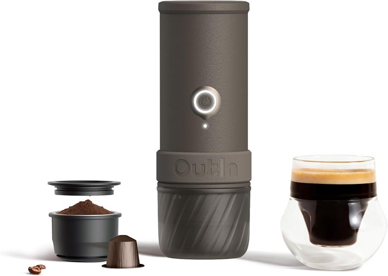OutIn Mino Portable Electric Espresso Machine, Mini Camping Coffee Maker for Travel, Pocket Sized Coffee Machine Self-Heating, Ground Coffee & NS Capsule Adapter For Adventure - Image 1