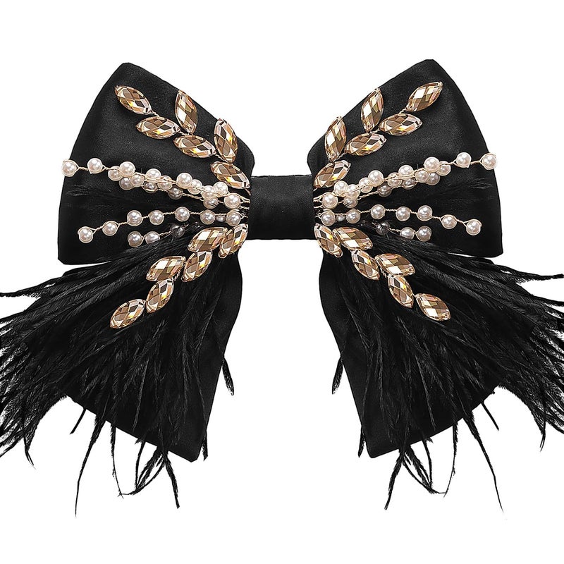 CROWN GUIDE Large Hair Bows Clips for Women Girls Silk Satin Hair Barrettes Feather Coquette Bows Hair Ties Ribbon Bow Claw Clip Hair Accessories with Pearl Crystal Black