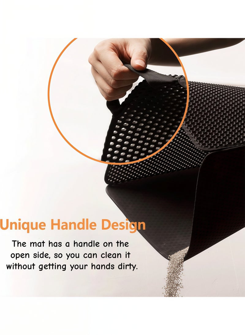 إتش كيو جيمنغ سجادة رمل للقطط 45*60 سم، سجادة كبيرة لحجز فضلات القطط، تصميم مزدوج الطبقات من مادة EVA على شكل خلية نحل، مقاومة للماء والبول، مزودة بمقبض لسهولة التنظيف، قابلة للغسل، ناعمة على مخالب القطط، سجادة أرضية للقطط، أسود - Image 2