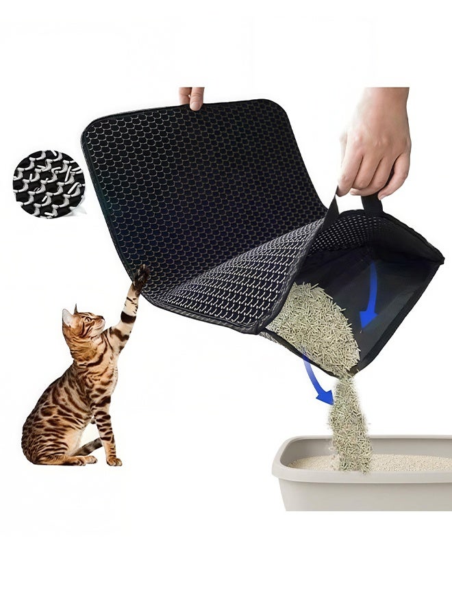 إتش كيو جيمنغ سجادة رمل للقطط 45*60 سم، سجادة كبيرة لحجز فضلات القطط، تصميم مزدوج الطبقات من مادة EVA على شكل خلية نحل، مقاومة للماء والبول، مزودة بمقبض لسهولة التنظيف، قابلة للغسل، ناعمة على مخالب القطط، سجادة أرضية للقطط، أسود - Image 1