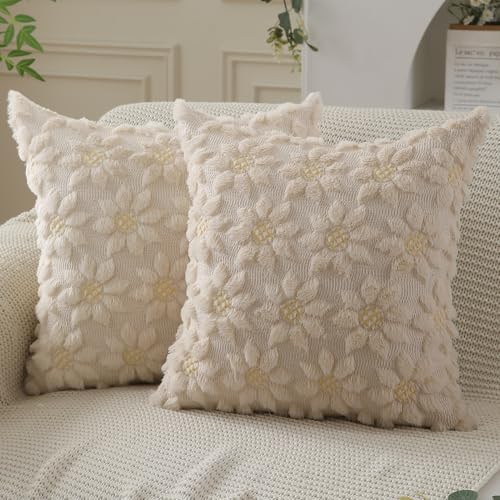 DFXSZ Spring Summer Pillow Covers 20x20 inch Set of 2 Farmhouse Decor Yellow Flower Heart Sunflower Beige Soft Plush Faux Fur Jacquard Throw Pillows for Sofa Holiday Spring Home Decor PTK024E20 - Image 1