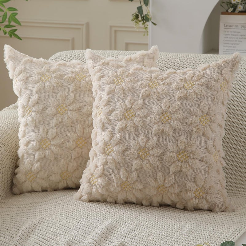DFXSZ Spring Summer Pillow Covers 20x20 inch Set of 2 Farmhouse Decor Yellow Flower Heart Sunflower Beige Soft Plush Faux Fur Jacquard Throw Pillows for Sofa Holiday Spring Home Decor PTK024E20 - Image 2