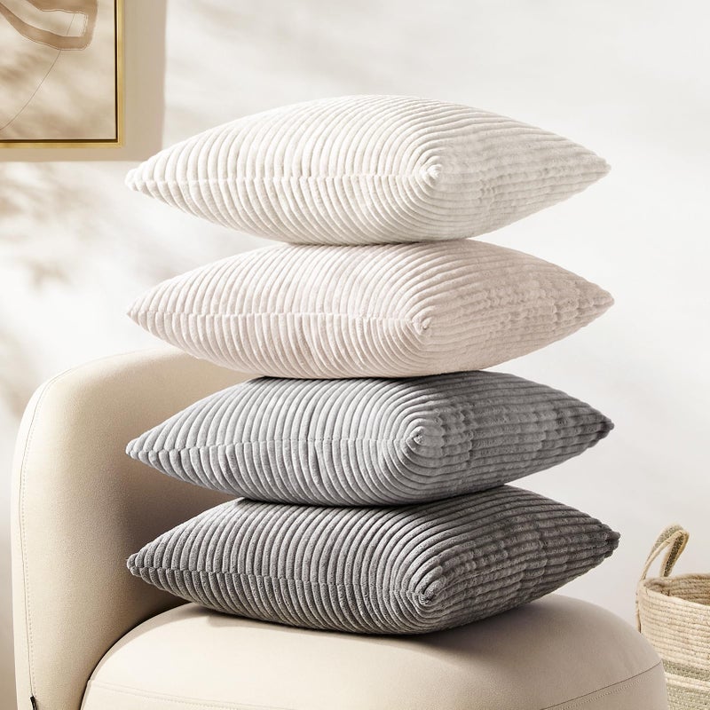 Softalker Decorative Throw Pillow Covers 16x16 Set of 4 Soft Corduroy Solid Striped Pillow Cover Modern Decor Cushion Pillow Cases for Couch Sofa Bedroom Living Room WhiteGrey