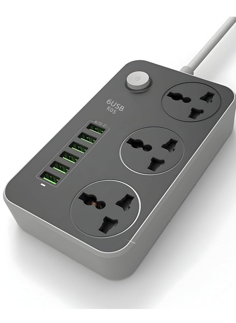ELTRAZONE - GLOBAL Extension Cord with 6 USB Slots & 3-Way Plug – Heavy Duty Power Strip with Surge Protector (Black) - Image 1