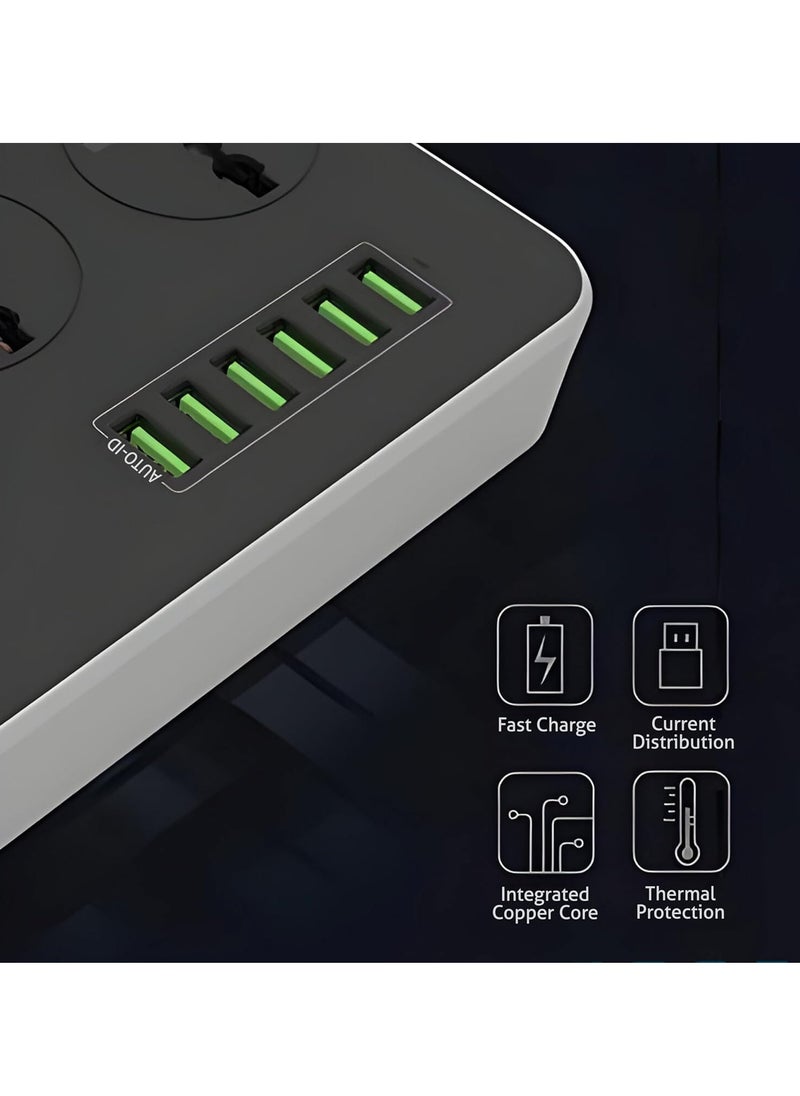 ELTRAZONE - GLOBAL Extension Cord with 6 USB Slots & 3-Way Plug – Heavy Duty Power Strip with Surge Protector (Black) - Image 1