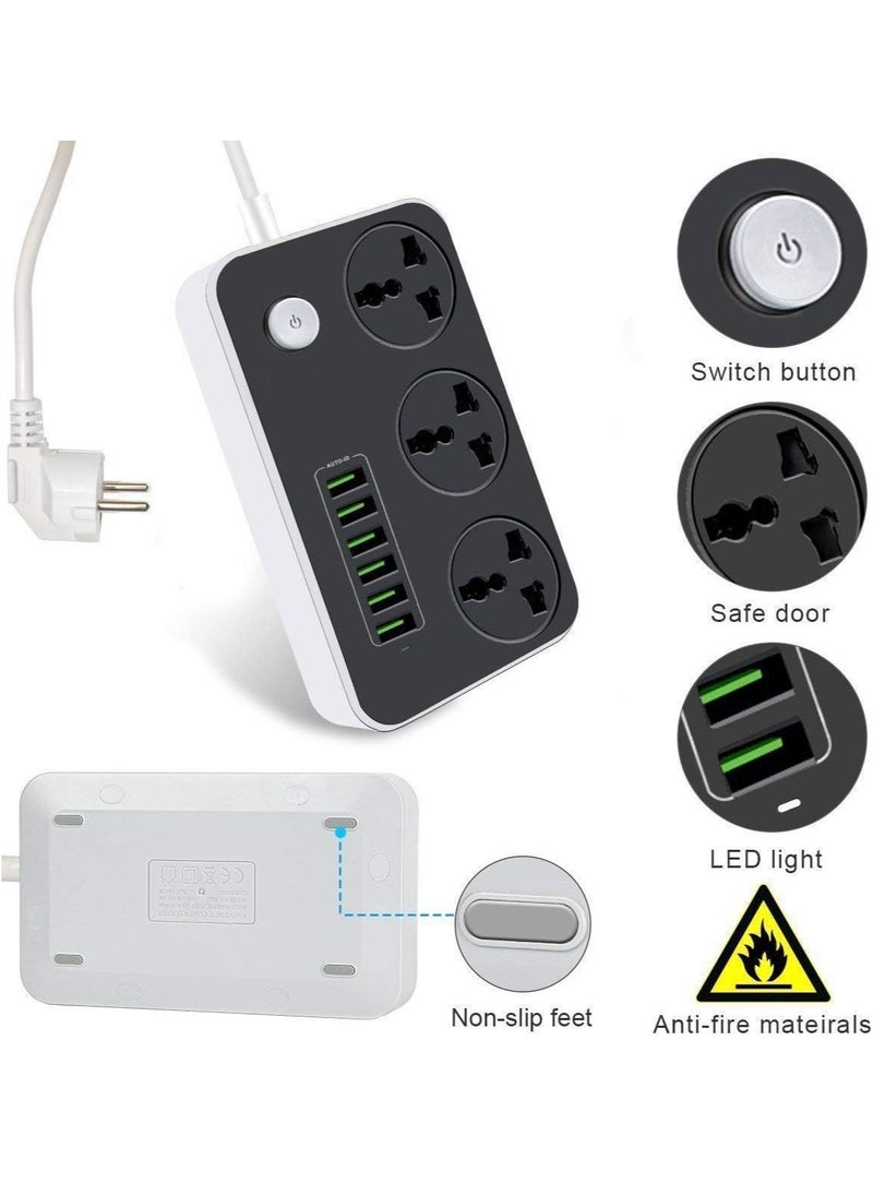 ELTRAZONE - GLOBAL Extension Cord with 6 USB Slots & 3-Way Plug – Heavy Duty Power Strip with Surge Protector (Black) - Image 1
