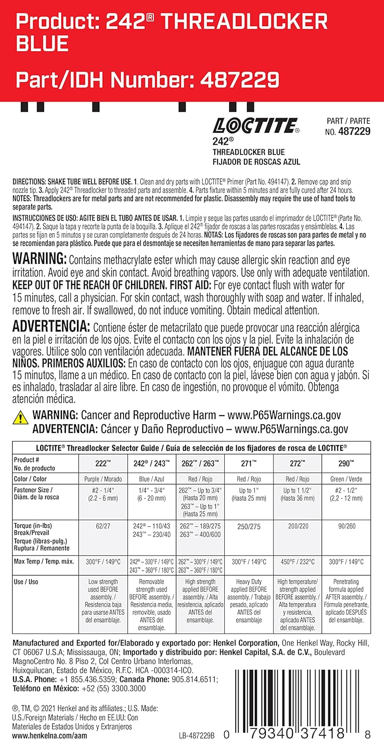 Loctite 242 Threadlocker for Automotive: High-Temp, Medium-Strength, Anaerobic | Blue, 6mL Tube (PN: 37418 - 487229) - Image 2