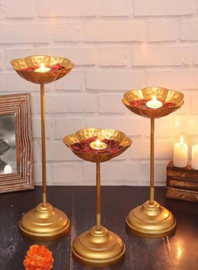Fine Décor FINE DECOR Taj Urli Stand, Tealight Candle Holder Stand, Floating Flower Diya Stand & Urli Bowl Stand For Diwali Decoration Items For Home Decor, Set Of 3 (Golden) - Image 1