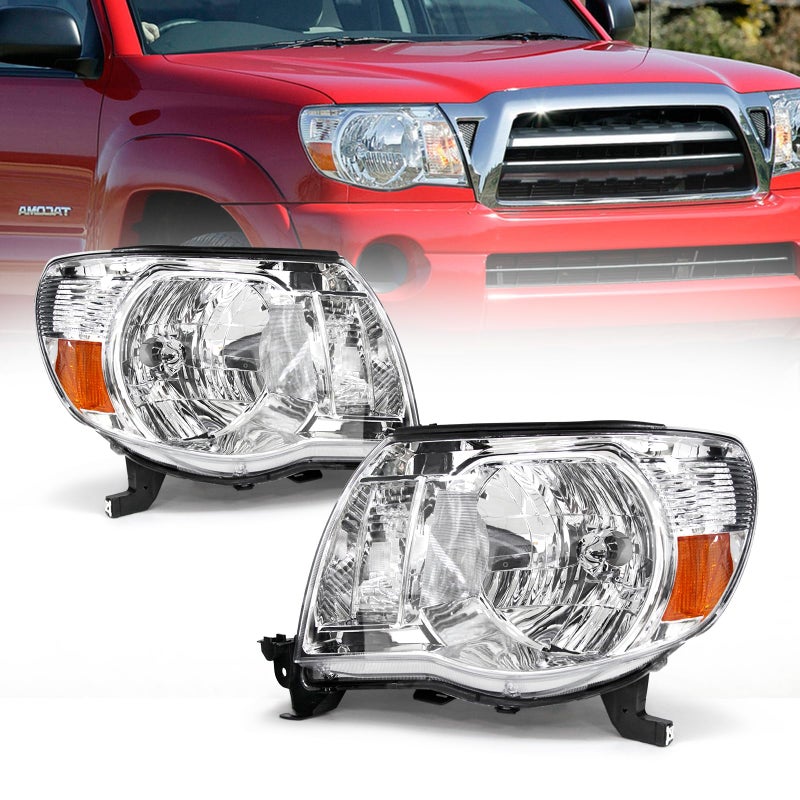 AS For Headlights 2005 2006 2007 2008 2009 2010 2011 Toyota Tacoma Driver and Passenger Side Headlamp Assembly Replacement Chrome Housing Amber Reflector