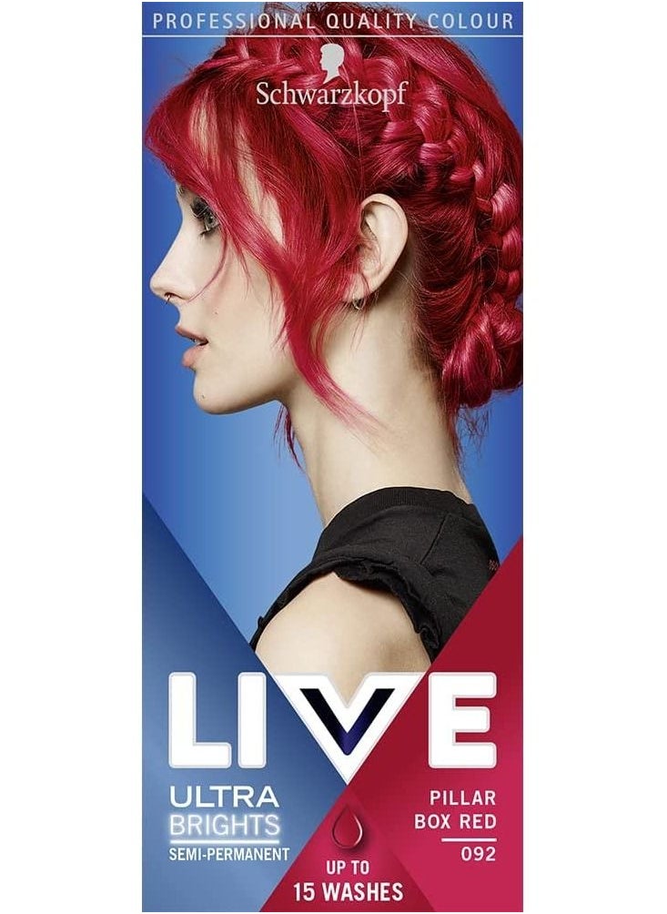 Schwarzkopf - Schwarzkopf LIVE Ultra Brights Or Pastels Vibrant Semi permanent Red Hair Dye Lasts Up to 15 Washes Pillar Box Red 092 - Image 1