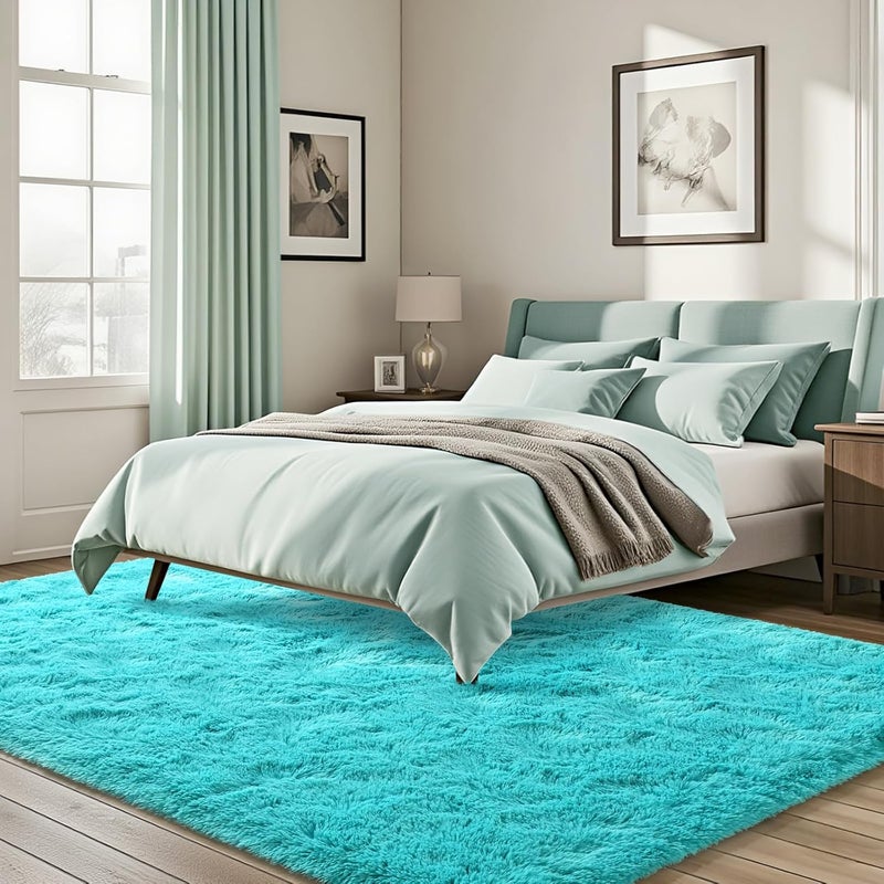ISEAU 4x6 Area Rug for Living Room, Teal Blue Rugs for Bedroom, Kitchen, Soft Shaggy Carpets, Fluffy and Machine Washable Mats, Under Bed, On Nursery Floors Mat, Boys, Girls Room Carpet Decor - Image 3