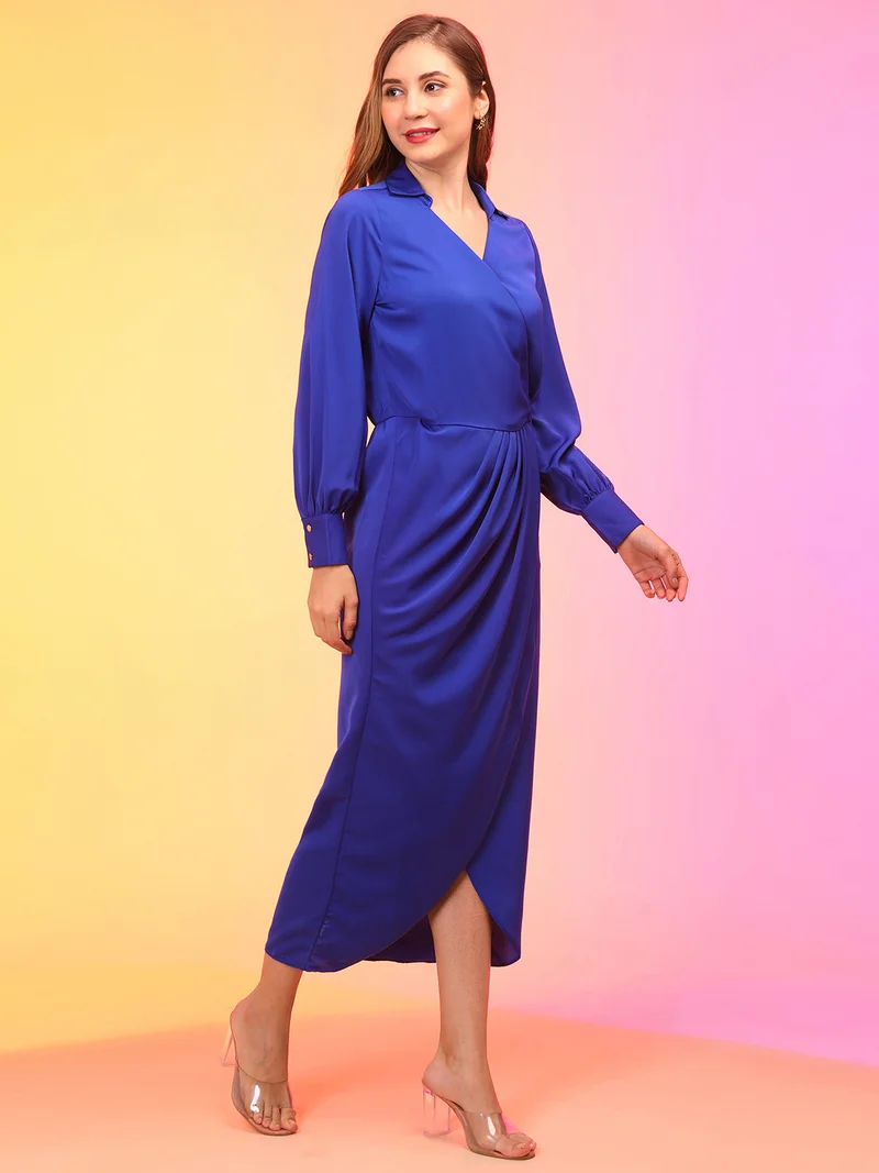 globus Women Shirt Collar Cuffed Sleeves Pleated Detail Tulip Hem Maxi Party Wrap Dress