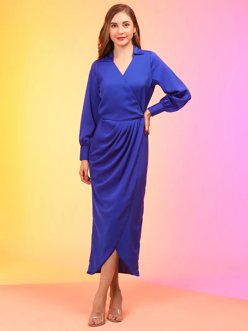 globus Women Shirt Collar Cuffed Sleeves Pleated Detail Tulip Hem Maxi Party Wrap Dress