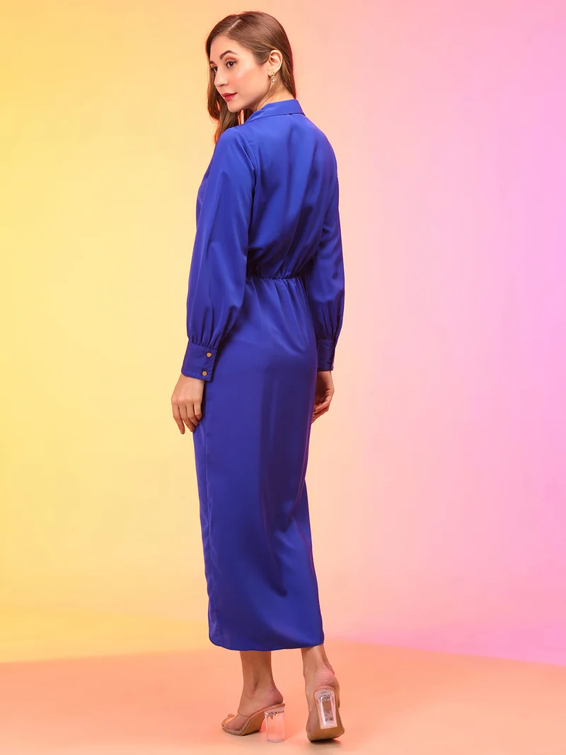 globus Globus Women Shirt Collar Cuffed Sleeves Pleated Detail Tulip Hem Maxi Party Wrap Dress