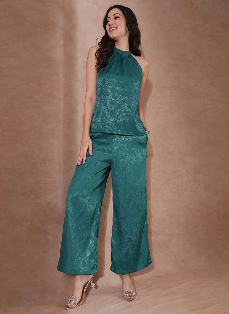 globus Globus Women Green Self Design Halter Neck Crepe Party Top With Trousers