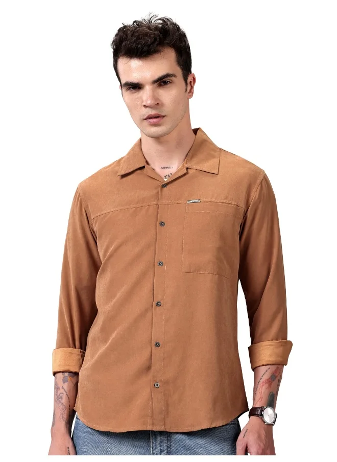 Beyoung Maple Orange Solid Suede Urban Shirt for Men