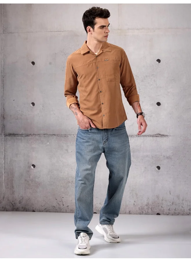 Beyoung Maple Orange Solid Suede Urban Shirt for Men