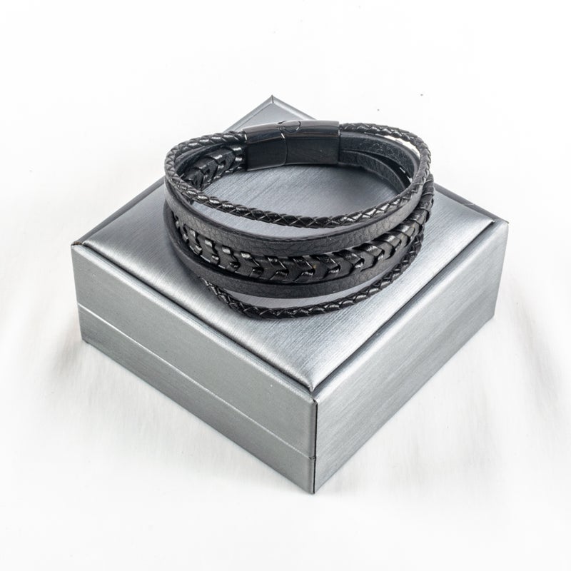 أسورة رجالي متعددة الأدوار أستانليس ستيل وجلد أسود - Image 1