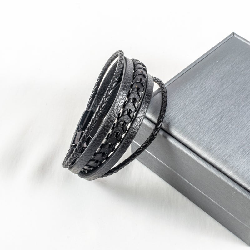 أسورة رجالي متعددة الأدوار أستانليس ستيل وجلد أسود - Image 2