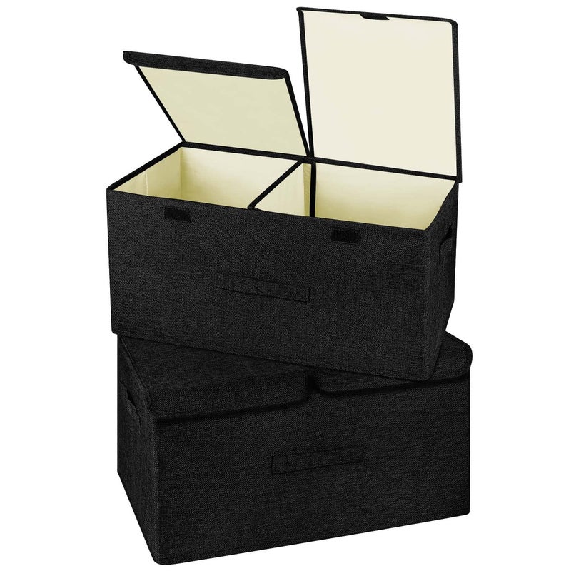 Valease 2 Pack Large Linen Fabric Collapsible Storage Bins with Lid and Handles, Washable Storage Box Baskets Cube with Removable Divider for Bedroom,Closet,Office,Living Room,Nursery (Black, Large) - Image 1