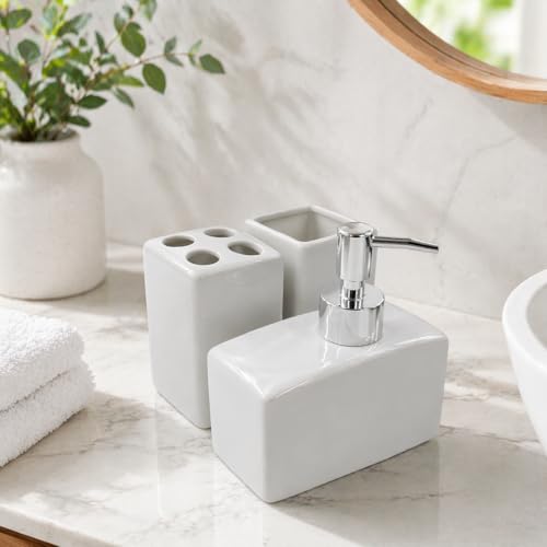 Whizzo® 3 Pieces Solid Square Ceramic White Bathroom Accessory Set with Soap Dispenser, Tumbler, Toothbrush Holder and Soap Dish for Home, Bathroom - The Best Gifting Choice (WZ-BS-512-White-3Pcs) - Image 4