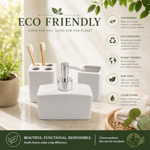 Whizzo® 3 Pieces Solid Square Ceramic White Bathroom Accessory Set with Soap Dispenser, Tumbler, Toothbrush Holder and Soap Dish for Home, Bathroom - The Best Gifting Choice (WZ-BS-512-White-3Pcs) - Image 5