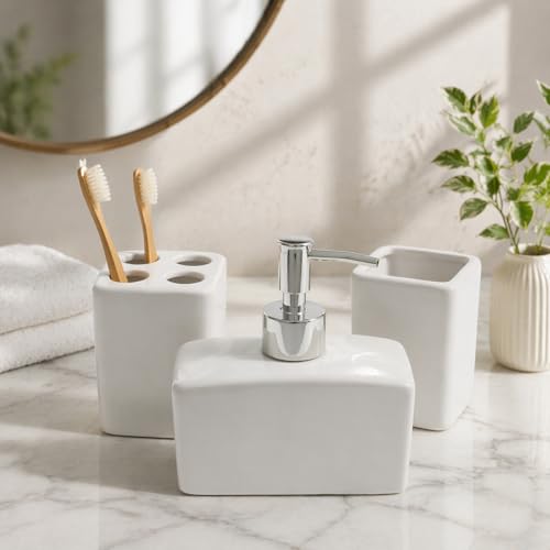 Whizzo® 3 Pieces Solid Square Ceramic White Bathroom Accessory Set with Soap Dispenser, Tumbler, Toothbrush Holder and Soap Dish for Home, Bathroom - The Best Gifting Choice (WZ-BS-512-White-3Pcs) - Image 1