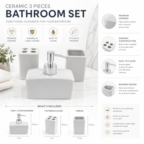 Whizzo® 3 Pieces Solid Square Ceramic White Bathroom Accessory Set with Soap Dispenser, Tumbler, Toothbrush Holder and Soap Dish for Home, Bathroom - The Best Gifting Choice (WZ-BS-512-White-3Pcs) - Image 2