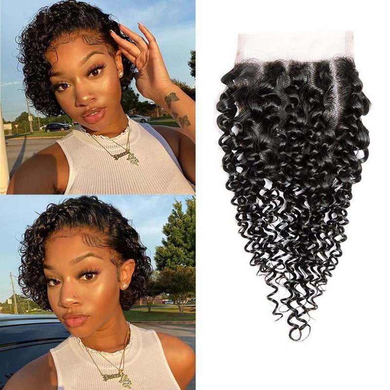 Jinhongze Kinky Curly Lace Closure Human Hair 8inch 4x4 Free Part Lace Closure Natural Black Kinky Hair Brazilian Virgin Human Hair Swiss Lace Closure8