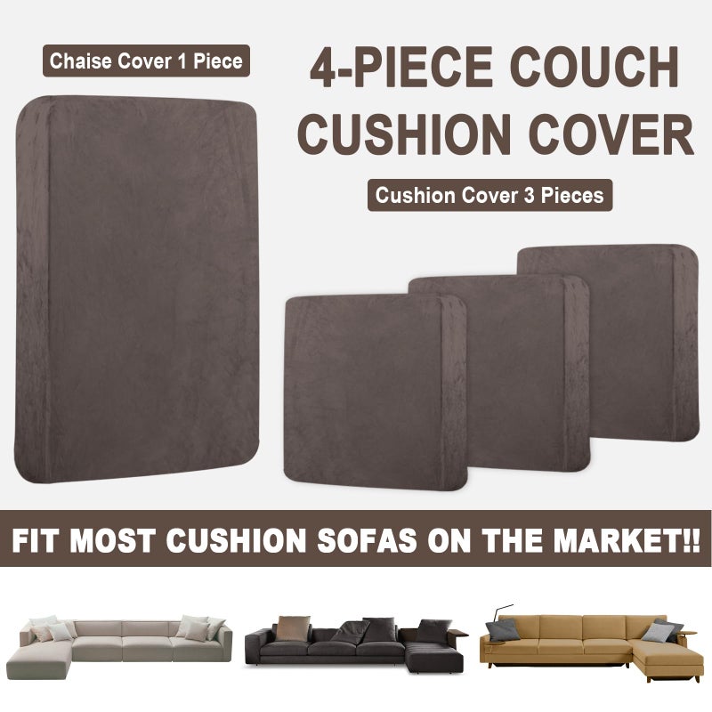 BT.WA Sectional Couch Covers for 4-Piece Seat Cushion Velvet Separate L Shape Couch Cover Stretch Sofa Slipcover with 2 Pieces Pillowcases Furniture Protector (Sofa 3 Seater + 1 Chaise  Coffee) - Image 4