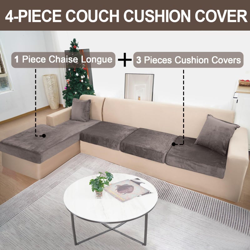 BT.WA Sectional Couch Covers for 4-Piece Seat Cushion Velvet Separate L Shape Couch Cover Stretch Sofa Slipcover with 2 Pieces Pillowcases Furniture Protector (Sofa 3 Seater + 1 Chaise  Coffee) - Image 2