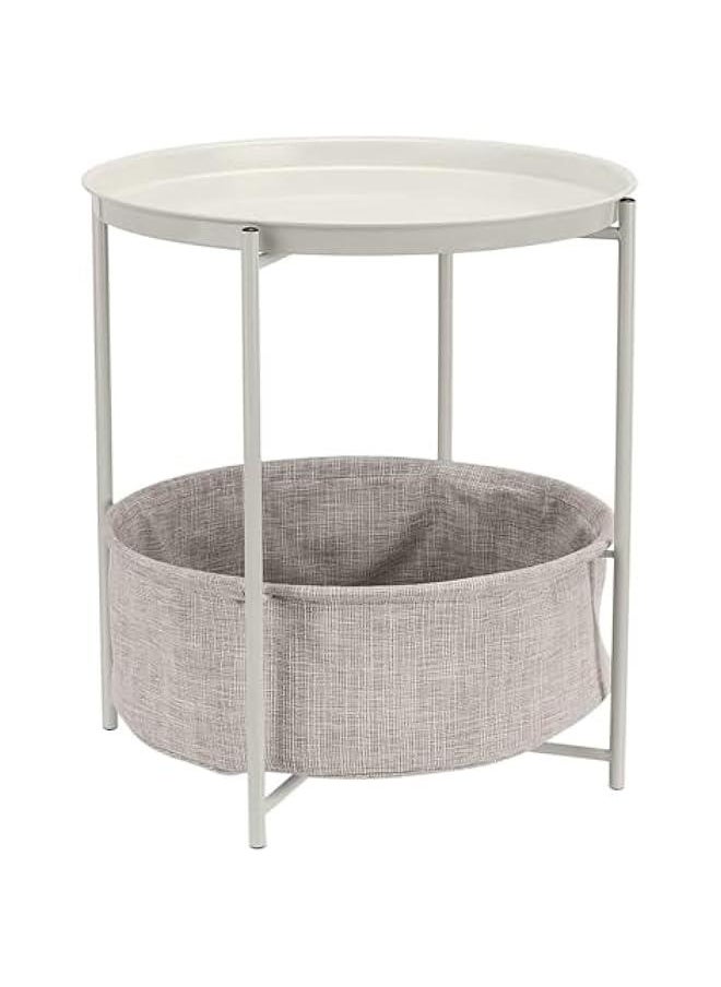 HOOKOR Metal End Tables with Fabric Storage Basket, SideTables Bedroom, Small Bedside Table Nightstand with Removable Tray for Living Room, Nursery, Laundry (White)  - Image 1