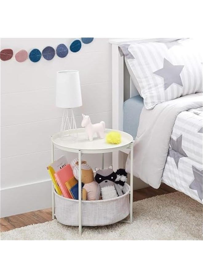 HOOKOR Metal End Tables with Fabric Storage Basket, SideTables Bedroom, Small Bedside Table Nightstand with Removable Tray for Living Room, Nursery, Laundry (White)  - Image 2