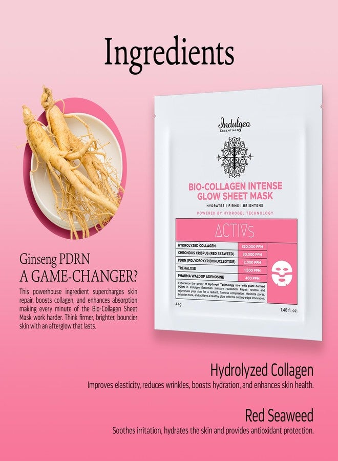 أساسيات إندوليجو قناع الوجه Indulgeo Essentials Ginseng PDRN Enriched Bio-Collagen Intense Glow Sheet Mask لبشرة مشرقة - قناع مرطب ومشد للوجه بعمق مع مكونات منعشة للبشرة، 44 غرام - Image 3