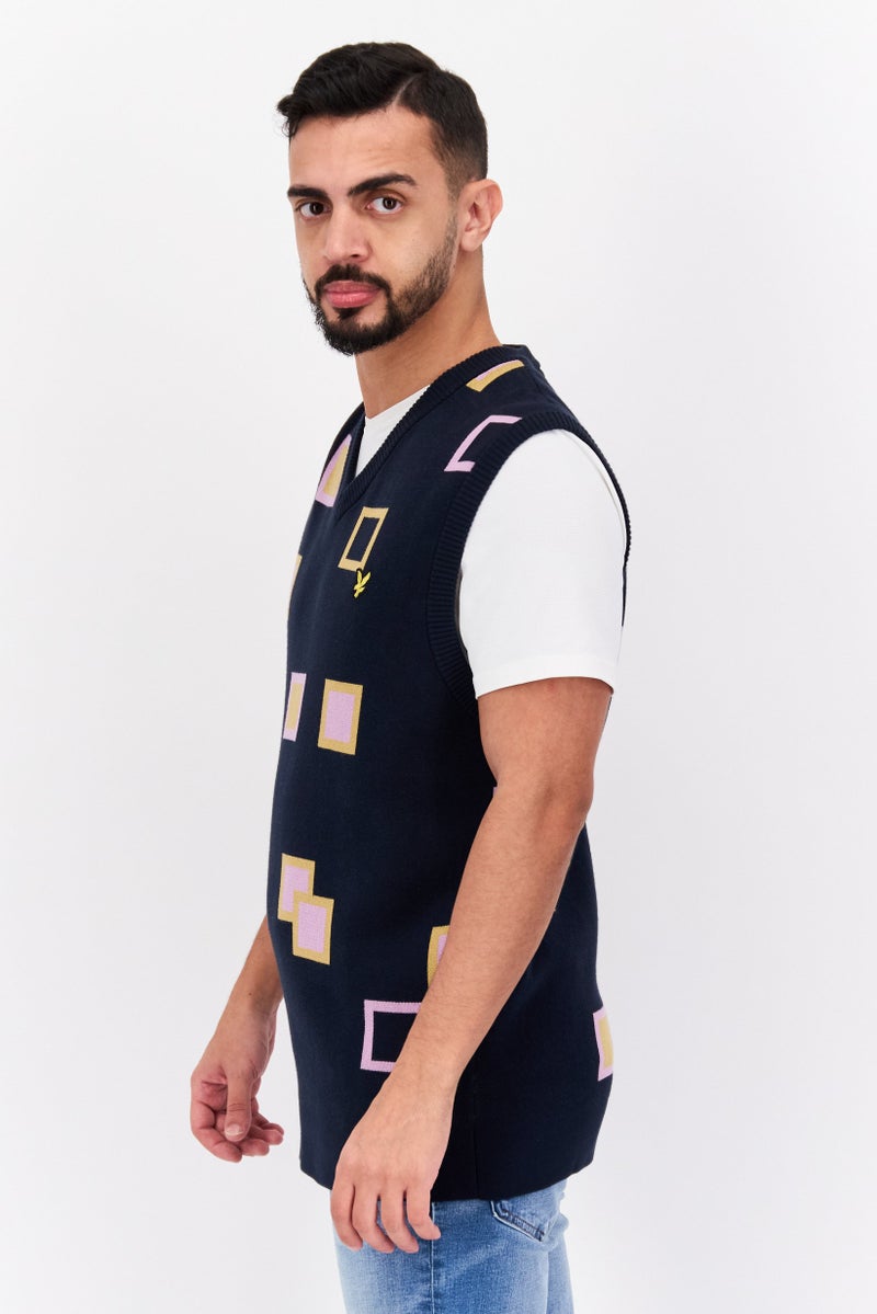 Lyle & Scott Men V Neck Sleeveless Brand Logo Sweater, Navy - Image 3