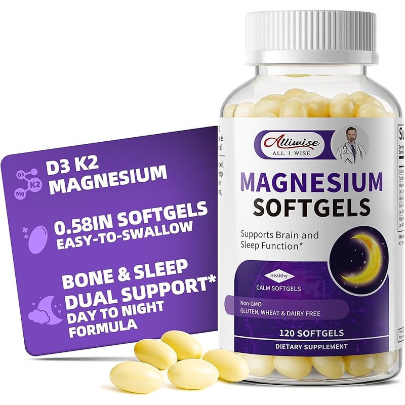 Alliwise High Absorption Magnesium Glycinate 400mg Softgels Supplement, 400 mg Elemental Magnesium with 100mg Calcium - Highly Bioavailable - with Vitamin D3 & K2, for Sleep, Mood, Brain Support - Image 1