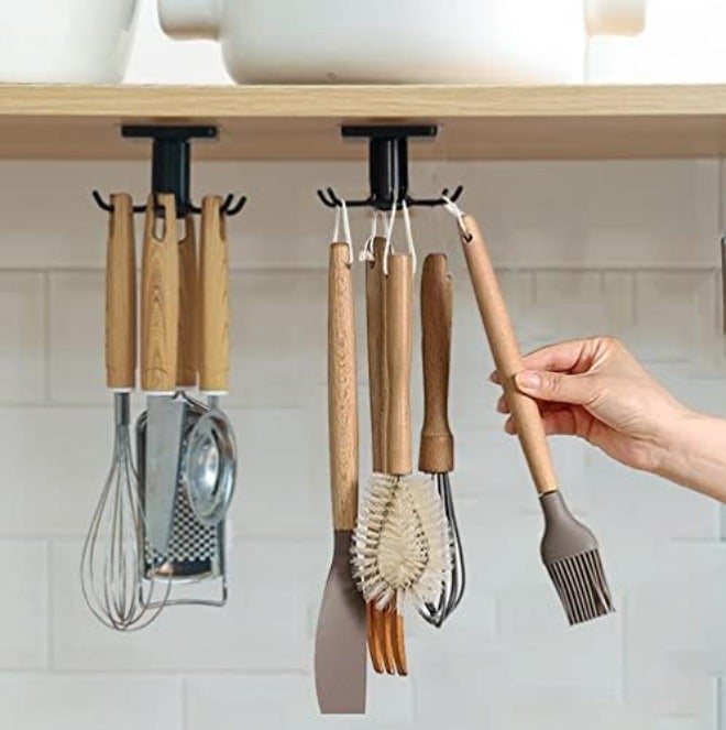 EigPluy 2pcs Under Cabinet Kitchen Utensil Hooks,360° Rotating Drilling Free Adhesive Utensils Hanging Rack for Tools/Towel/Knife (Black) - Image 1