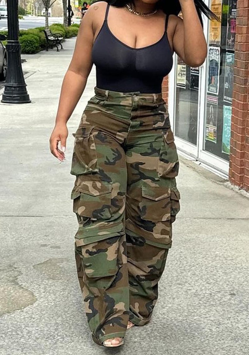LKOUS Womenâ€™s Cargo Baggy Straight Jeans Streetwear Y2K High Waist Wide Leg Denim Pants with Multiple Pockets Camo - Image 4