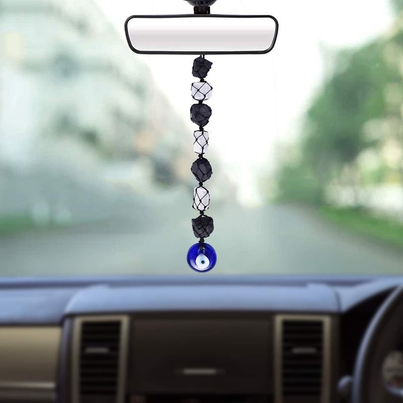 Shubhanjali Evil Eye Black Tourmaline and Selenite Crystal Stones Hanging for Protection Positivity Decorative Hanging Ornament for Home Car Office Decor - Image 1