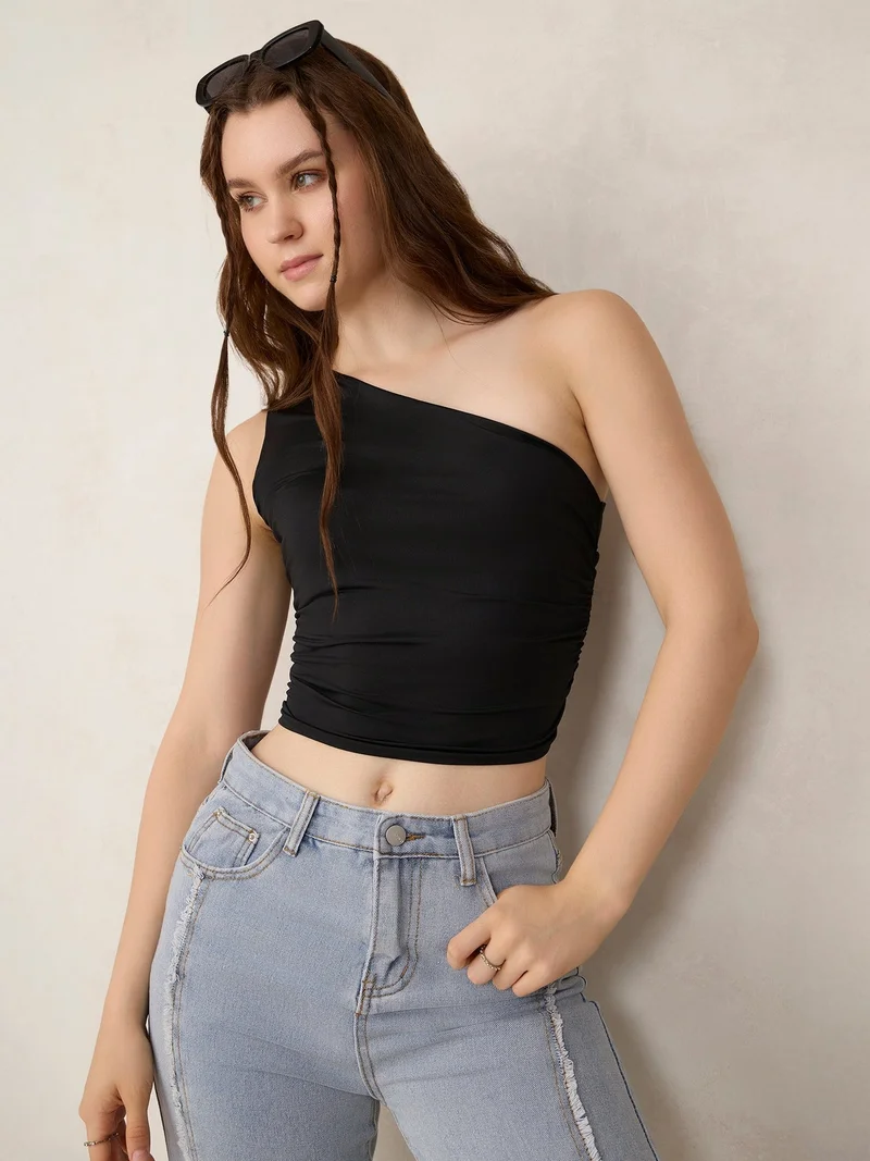 Outzidr Black Black One Shoulder Side Ruched Tank for Women | Best Price UAE